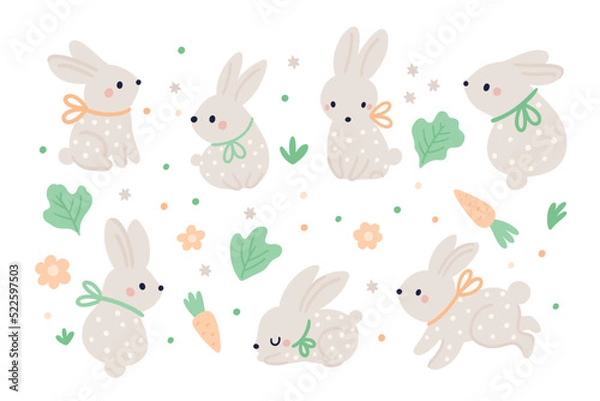 Fototapeta Cute baby rabbit, bunny, hare animals in different pose. Bunny with bow ribbon on cartoon style. Little baby hare animals with carrot and flowers