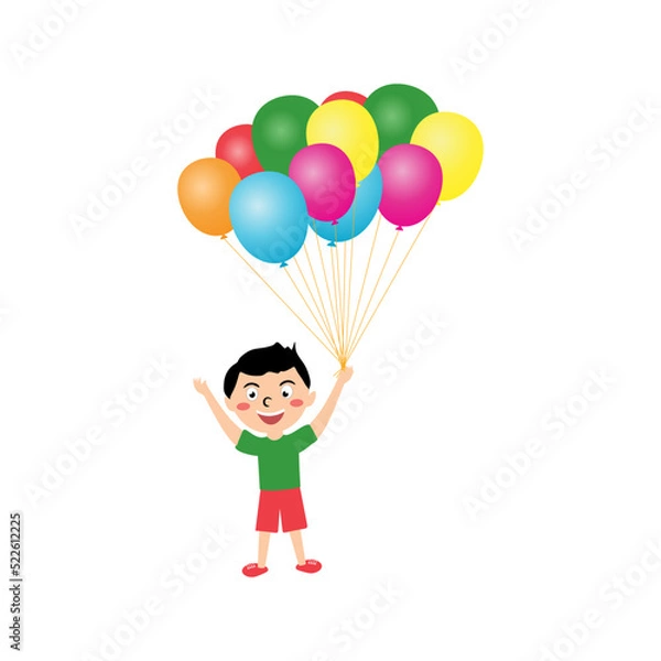 Fototapeta Little boy is holding balloons in his hands. Funny cartoon character. Flat colorful vector set isolated on white background