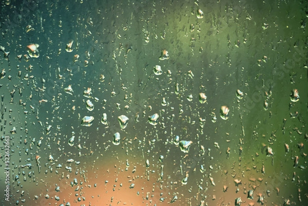 Obraz Raindrops on the glass looking out through the trees Urban and rural green leaves in cool, humid, fresh air, growing and relaxing.