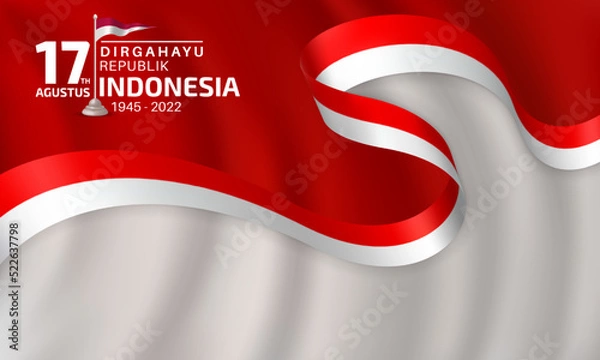 Obraz Happy Indonesian Independence Day banner template with red and white flag ribbon decoration on gray waving background. 
