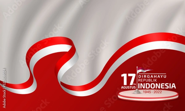 Obraz Happy Indonesian Independence Day banner template with red and white flag ribbon decoration, 3d podium, and gray waving background.