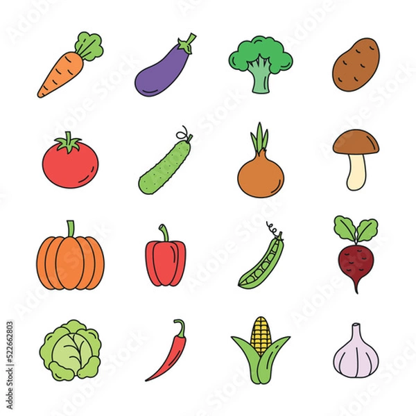 Fototapeta Set of veggies icon. vegetarian, vegetable pack symbol template for graphic and web design collection logo vector illustration