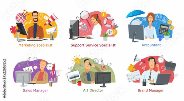 Fototapeta A set of icons for office professions. Cartoon characters are a marketer, technical support, accountant and brand manager. People surrounded by office symbols