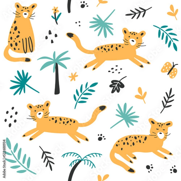 Fototapeta Childish seamless pattern with cute yellow leopards and tropical leaves on a white background. Ideal for fabric, textile, prints, scrapbooking, wrapping paper. Cats in different poses.