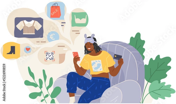 Fototapeta Buying goods in online store, e-commerce, internet shopping. Purchase, order and cashless payment in shop. Mobile phone app for product selection via internet. Smartphone and online shopping icons