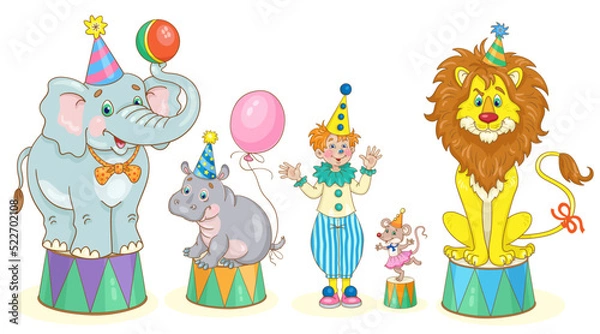 Fototapeta Funny circus animals and clown boy. Elephant, hippopotamus, mouse and lion are on the pedestals. In cartoon style. Isolated on white background. Vector illustration