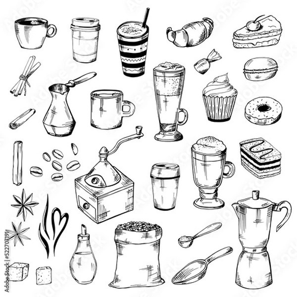 Obraz Coffee and desserts big vector set. Hand-drawn graphics elements.