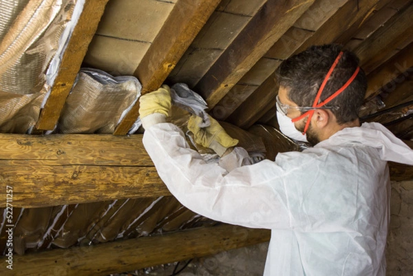 Fototapeta Worker with glasses and protective mask isolating the ceiling