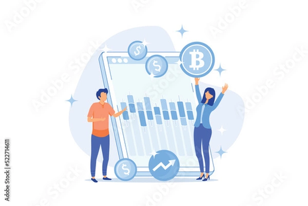 Fototapeta Cryptocurrency trading desk Bitcoin futures platform, crypto exchange trade service, financial technology business, smart order routing flat design modern illustration