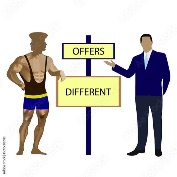 Obraz Advertising banner about different offers. A man in a suit and an athlete. The idea of a large selection of diverse lifestyles.