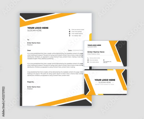 Obraz Yellow stationery template design with geometric pattern. Set of business corporate identity mock up. Documentation for business.