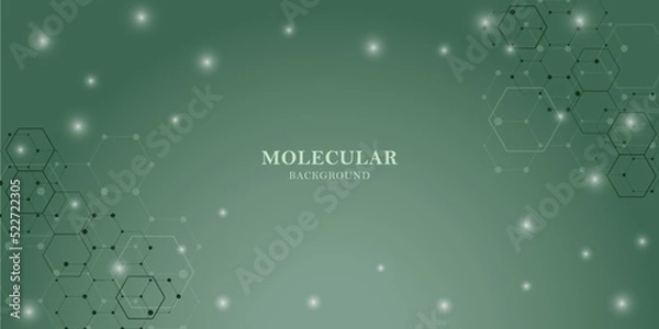 Obraz Abstract hexagonal molecular structures in technology background and scientific style. Connected lines and dots, molecules, DNA on a green background. Medical design. Vector illustration.