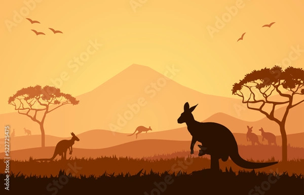 Obraz Australian Landscape Illustration Vector Design. Kangaroo In Savannah Illustration Art. Best australian landscape design for print, digital or other design needs.