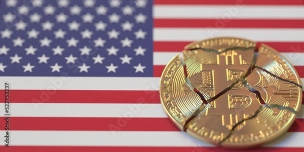 Obraz Flag of the United States and broken bitcoin. Cryptocurrency ban or crypto legal issues concepts, 3d rendering