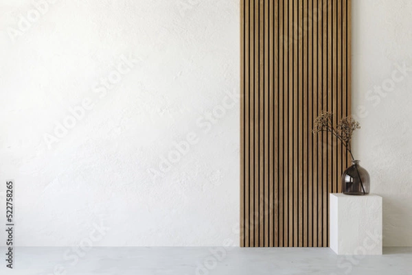 Fototapeta White interior with wooden wall panel and decor. Column with glass vase and decor. 3d render illustration mock up.