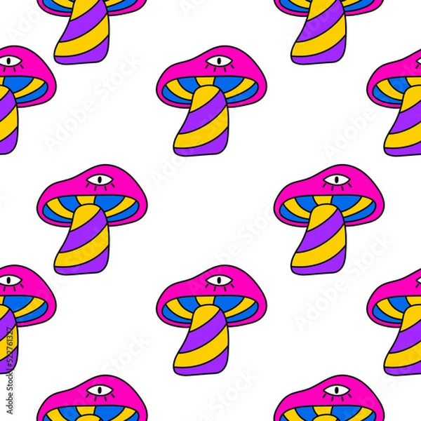 Fototapeta Psychedelic mushrooms seamless pattern. Trippy seamless background with hallucination mushrooms