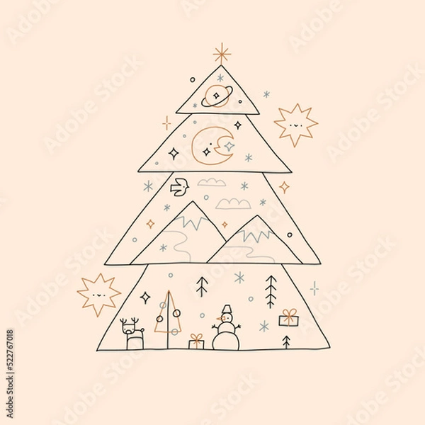 Obraz chritmas tree. doodle line vector illustration