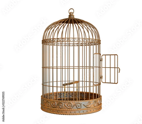 Obraz Vintage style metal bird cage with door open isolated on white background