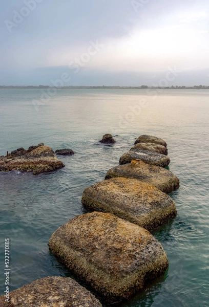 Obraz Step Stones In Blue Water - Zen, life challenges, moving on, relax concept