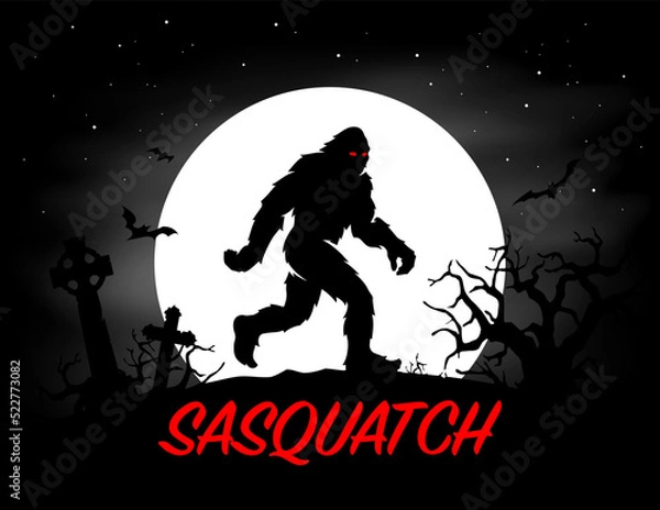 Fototapeta Sasquatch full moon halloween poster. Haunted cemetery bigfoot silhouette. Hairy cryptid creature graphic. Vector illustration.