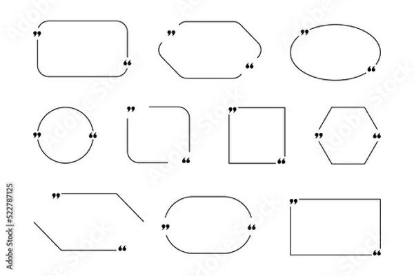 Fototapeta Quote frame set. Geometric black geometric box collection with double comma sign, bubble speech and quotation place. Blank template for comment or message, creative banner vector isolated set