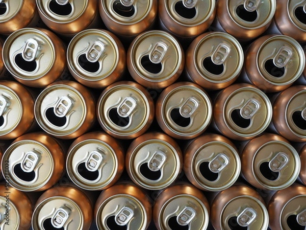 Fototapeta Empty open drink cans in golden color, top view background image