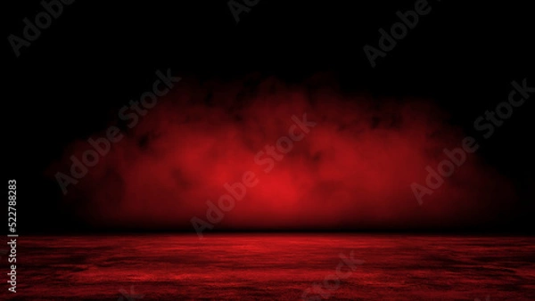 Fototapeta Abstract background with mystic multi colored smoke moving over old wet asphalt. Empty dark city street with horror atmosphere. Night scene with fog without people. 