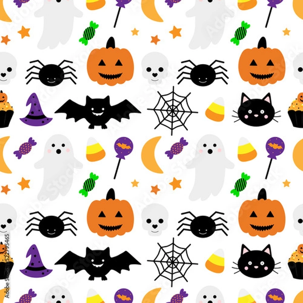 Obraz Seamless pattern Halloween Ghost pumpkin bat spider vector illustration