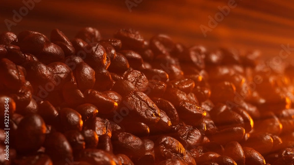 Fototapeta Dark freshly roasted coffee beans with sun rays, 3d rendering background. Side view. Masses of coffee beans close up at sunset. Brown roasted coffee beans falling. 