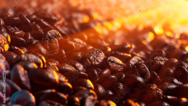 Fototapeta Dark freshly roasted coffee beans with sun rays, 3d rendering background. Side view. Masses of coffee beans close up at sunset. Brown roasted coffee beans falling. 