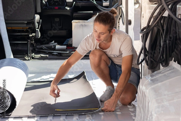 Fototapeta Young hipster man crouched measuring and cutting the roll isolation for the self build camper van convertion