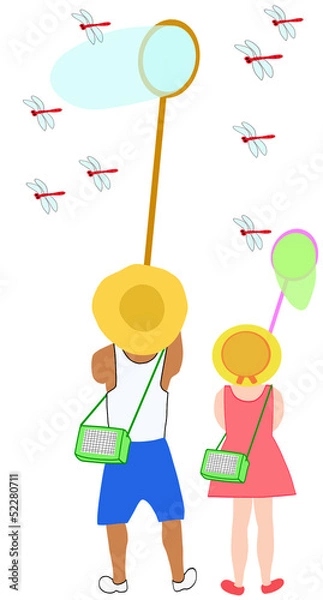 Fototapeta 兄妹で赤とんぼの捕獲