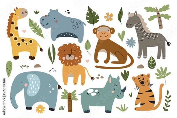 Fototapeta Cute wild safari african animals. Including lion, tiger, giraffe, elephant, monkey, zebra, rhinoceros, hippopotamus. Set of doodle characters in scandinavian style isolated on white background.