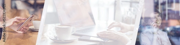Fototapeta Universal Linkedin banner with a beautiful woman and work in the office