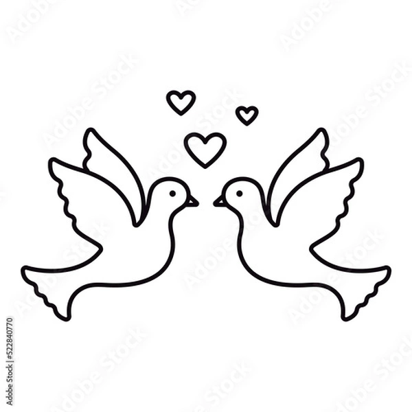 Fototapeta Couple of doves icon with heart. Simple editable design of line icon for wedding. Pigeons