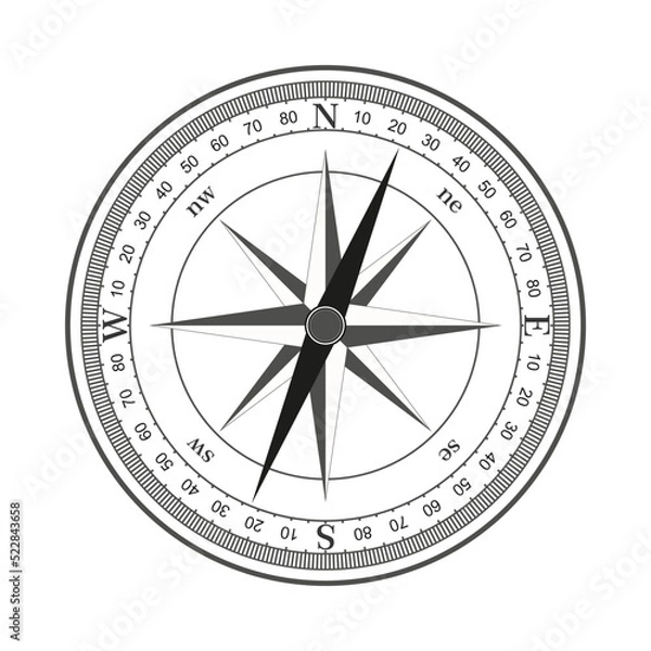 Fototapeta Compass face with wind rose and dial. Navigation direction indicator vector.