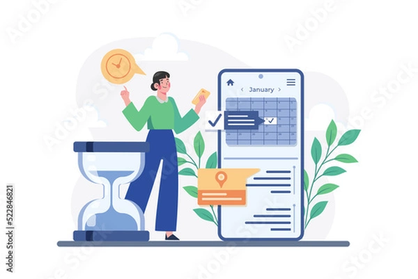 Fototapeta Girl checking her meeting schedule on a mobile app Illustration concept on white background