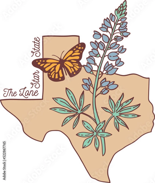 Obraz Texas vector map with bluebonnet and monarch butterfly