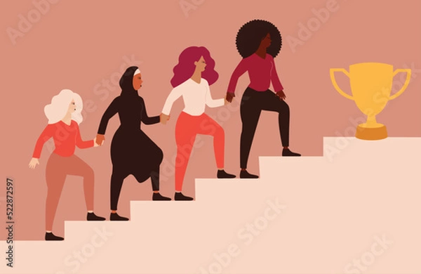 Fototapeta Group of women climb up the stairs, hold hands and help each other to reach the objective. Female community with different ethnicities go up the staircase to get the trophy. Women empowerment concept
