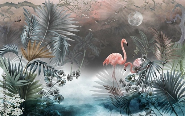 Fototapeta Flamingo i rośliny projektowanie tapet, liść tropikalny, krajobraz, sztuka muralowa.