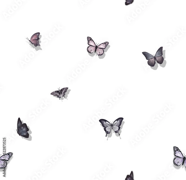 Fototapeta Set of butterflies isolated on white, butterfly wallpaper design, seamless pattern, textile fabric, oil painting, white background, mural art.