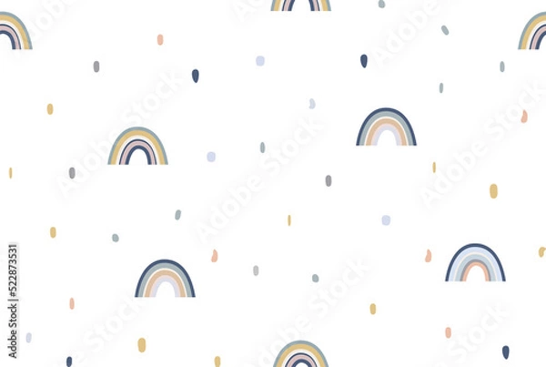 Fototapeta Cute rainbow wallpaper design for kids room, pastel tones, soft color palette, Scandinavian style, seamless pattern, textile fabric, mural art.