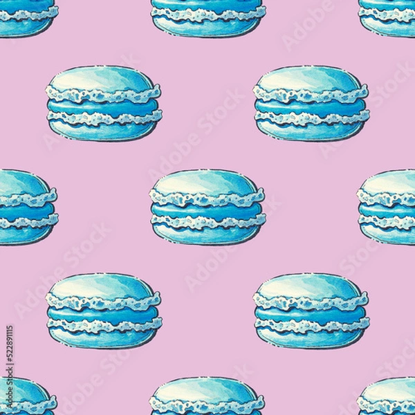 Obraz Background with macaroons, pattern. Watercolor illustration on a pink background.