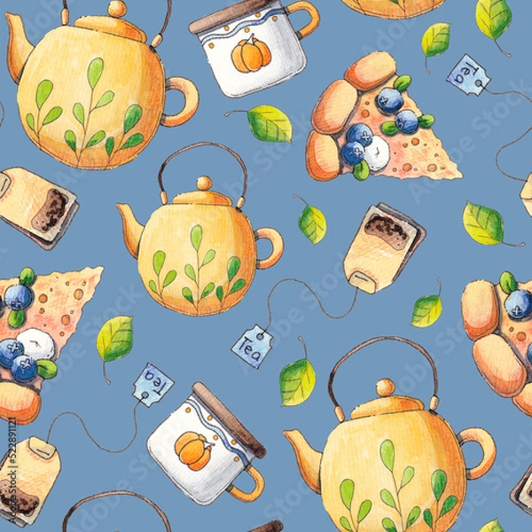 Obraz Autumn illustration: tea and cake. Seamless background, pattern . Watercolor illustration.