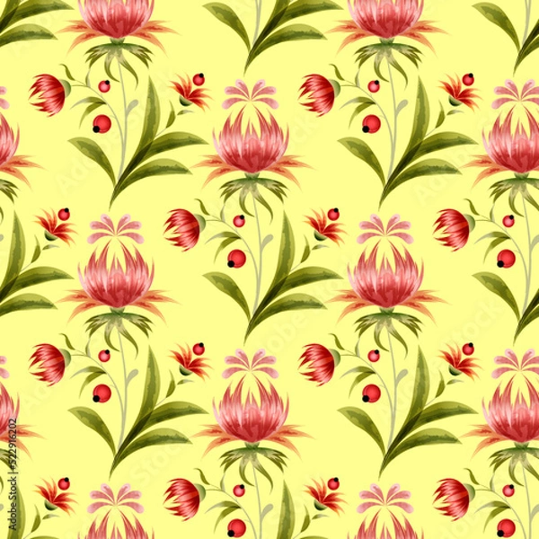 Fototapeta Watercolor pattern with decorative red flowers