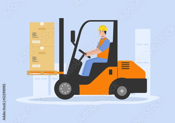 Fototapeta Warehouse And Cargo Goods Concept. Worker In Uniform Loading Cardboard Boxes Use Forklift. Global Business. Process Automation in Warehouse and Production. Linear Outline Cartoon Vector Illustration