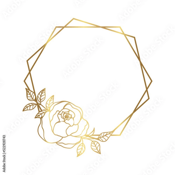 Fototapeta Hand drawn golden peony flower and hexagon frame in cute doodle style on white background. Luxury vector illustration for postcard, wedding invitations, birthday, quotes,thank you card. Copy space