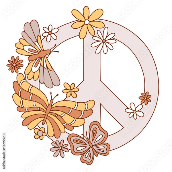 Obraz Peace hippie sign with butterflies and flowers. Vector cartoon illustration. 1970 vibes. Print for t-shirt, poster, sticker, logo concept