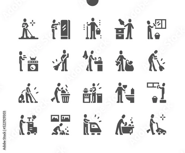 Obraz Cleaning people. Service. Wash window, remove trash, wash bathroom and other. Vector Solid Icons. Simple Pictogram