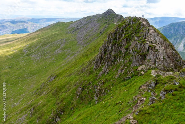 Fototapeta National Park Lake District, Helvellyn Hills, view while climbing Lake Thirlmere and Red Tarm, crossing Striding Edge and Swirral Edge during fog, 2022.